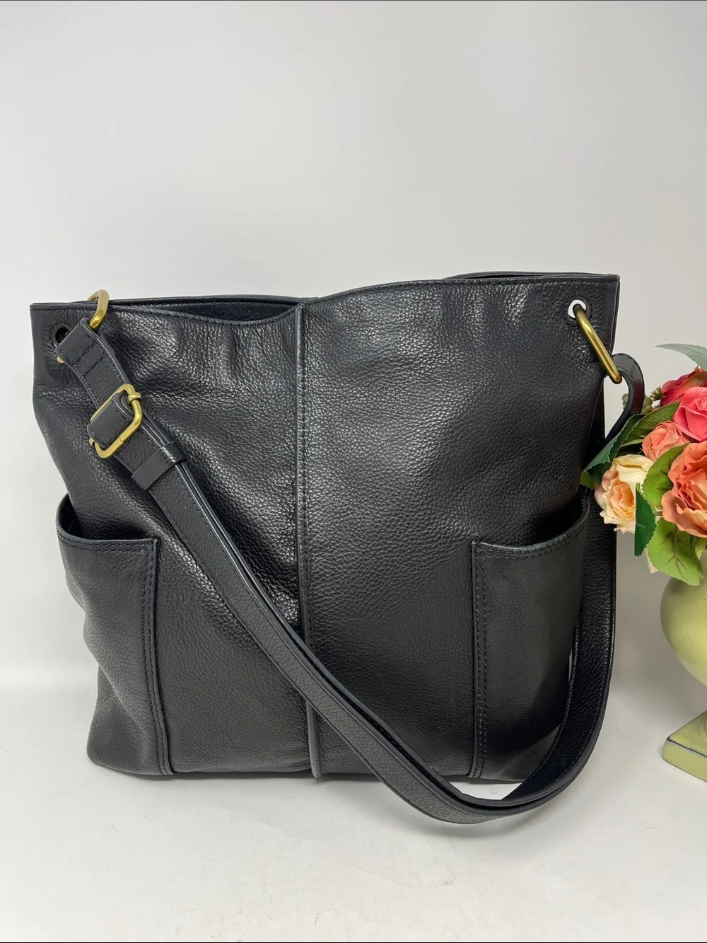 FOSSIL Lane North South Pebbled Leather Hobo Bag Black Cowhide Leather Crossbody